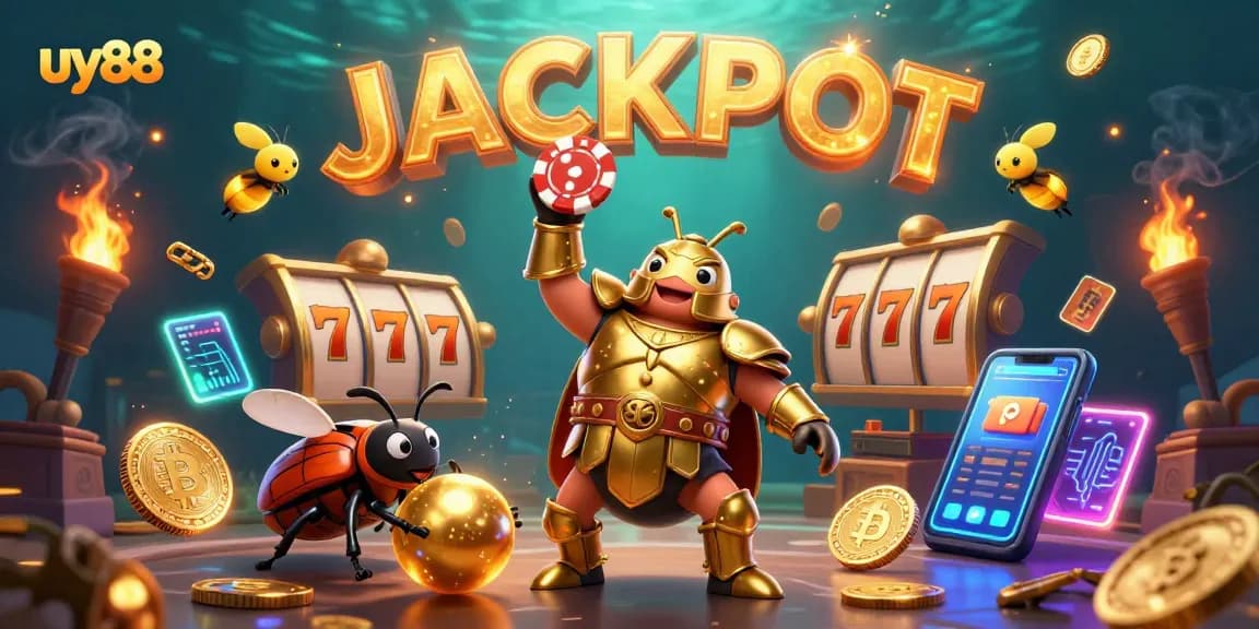 Experience the thrill of uy88 with a victorious beetle lifting a poker chip amidst vibrant casino elements.