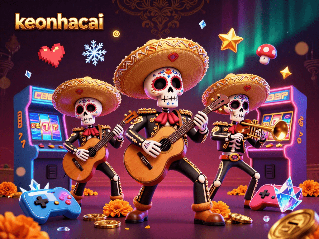 Engage with keonhacai's vibrant casino atmosphere featuring a mariachi band, arcade machines, and dynamic gaming elements.