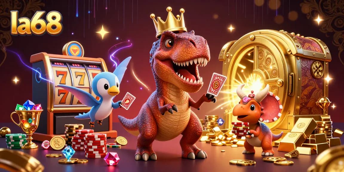 Experience exciting gameplay at la68 with a T-Rex shuffling cards amidst dazzling treasures.