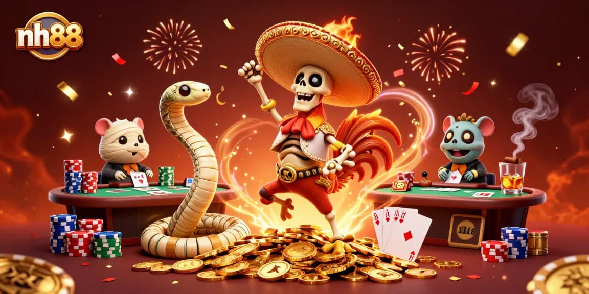 nh88 celebration scene featuring dynamic casino characters, vibrant poker atmosphere and festive details