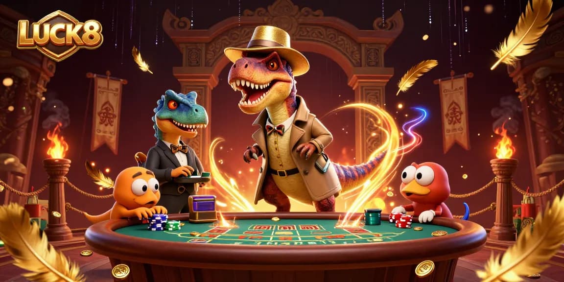 LUCK8 showcases a velociraptor card counter at a blackjack table, surrounded by casino elements.