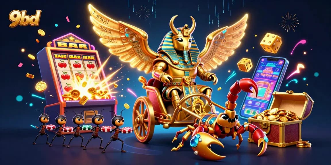 Engage in thrilling gameplay at 9bd with a vibrant casino scene showcasing a golden scarab and slot machines.