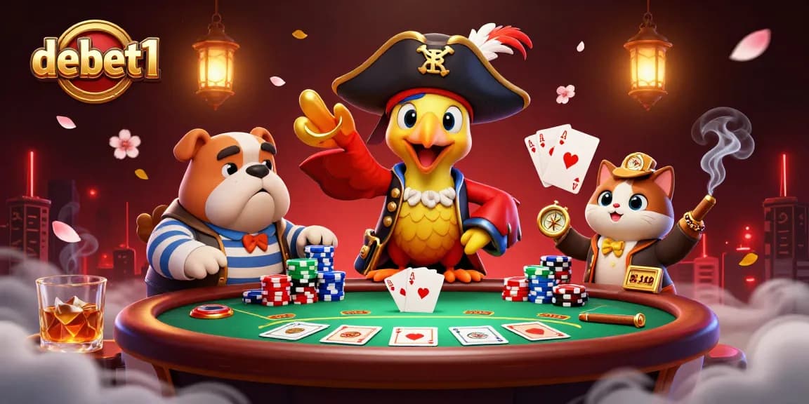 Join the adventure in debet1 with a colorful casino scene featuring a pirate captain and poker elements.