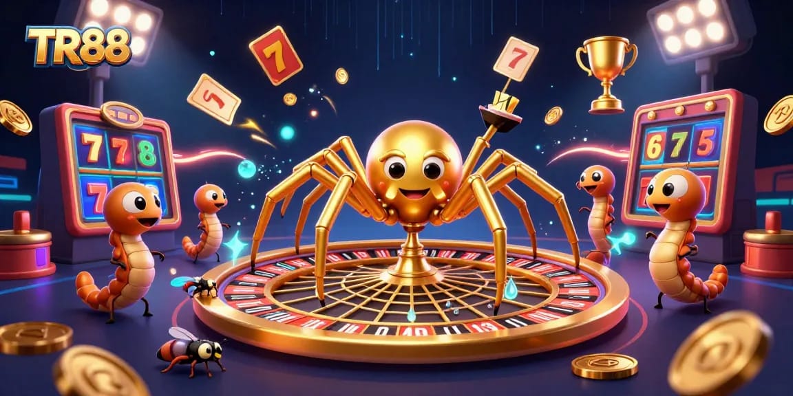 TR88 encourages cautious betting with a golden spider and roulette wheel in a dynamic gambling scene.