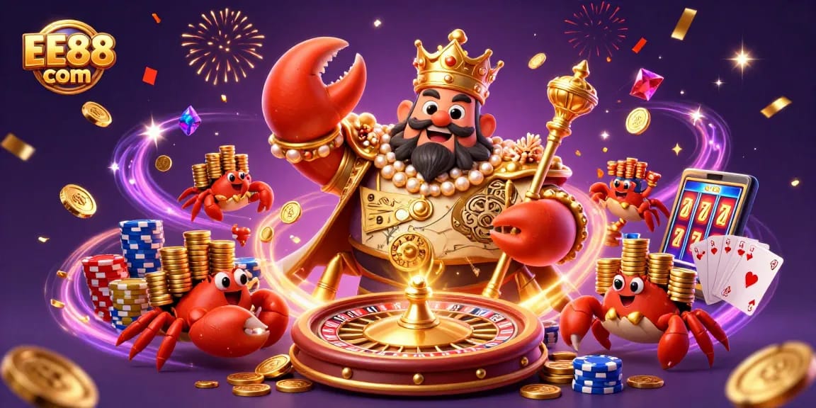 Win big with EE88 com, featuring a vibrant 3D crab emperor surrounded by casino elements and golden treasures.