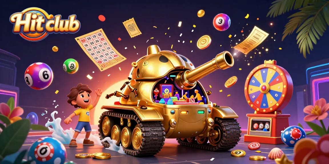 Experience the thrill of Hit club with colorful lottery balls and a vibrant casino scene.