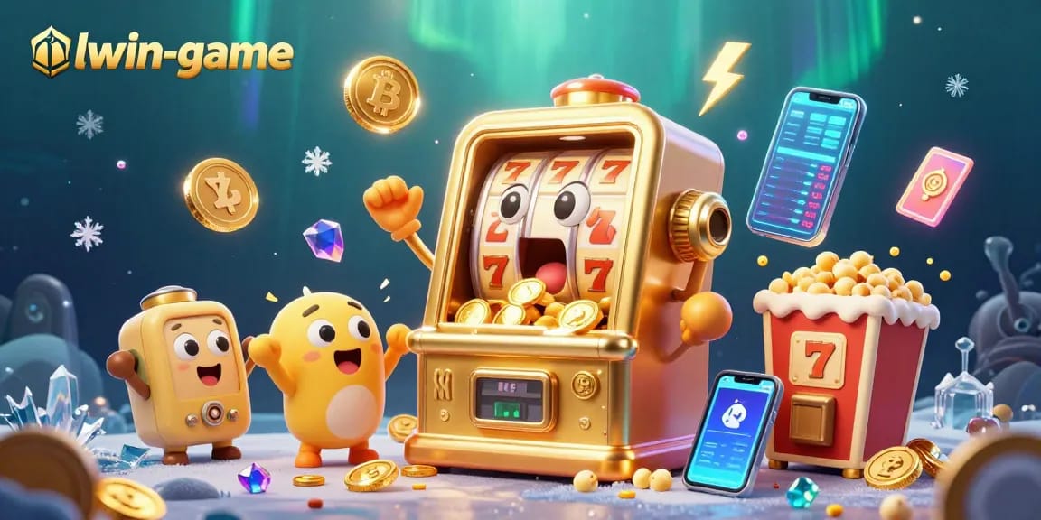 Experience excitement with llwin-game as a cartoon slot machine hits the jackpot among gold coins and crypto elements.