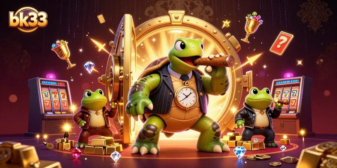 Engage with bk33's vibrant casino atmosphere featuring a playful turtle and bullfrog enforcers amidst sparkling slot reels.