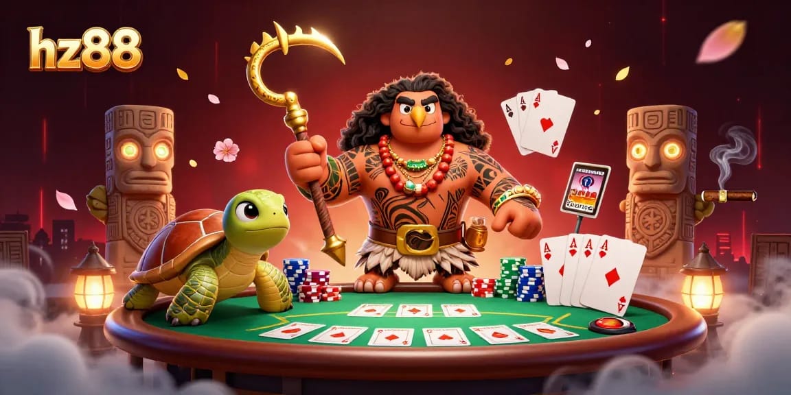Join the thrilling action at hz88's poker table, illuminated by tiki statues and vibrant casino elements.