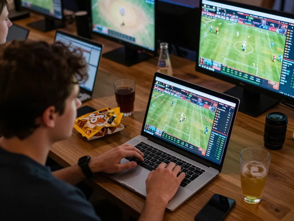 Engaged sports betting at 77LOC with live odds on display on laptop, exciting gaming atmosphere.
