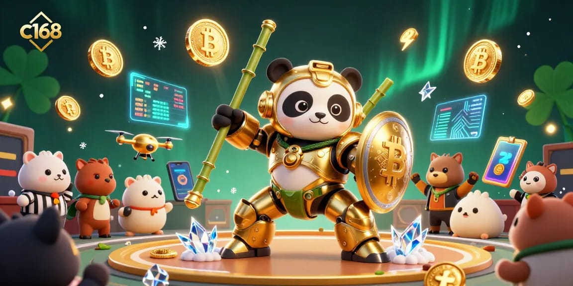 Engage in thrilling betting action at c168 with a golden panda piloting a robot in an arena.