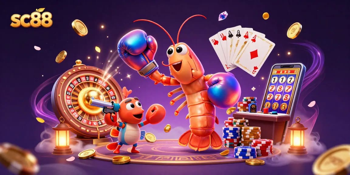 Experience thrilling gaming at sc88 with an adventurous shrimp trio celebrating wins in a vibrant casino.