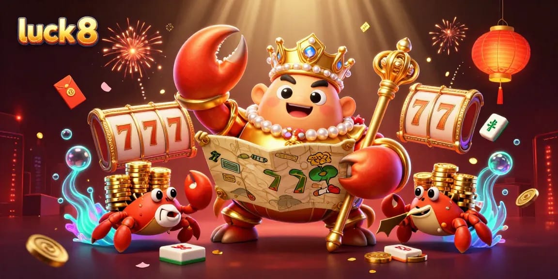 Experience the thrill of luck 8 with a golden crab emperor amidst celebratory casino elements.
