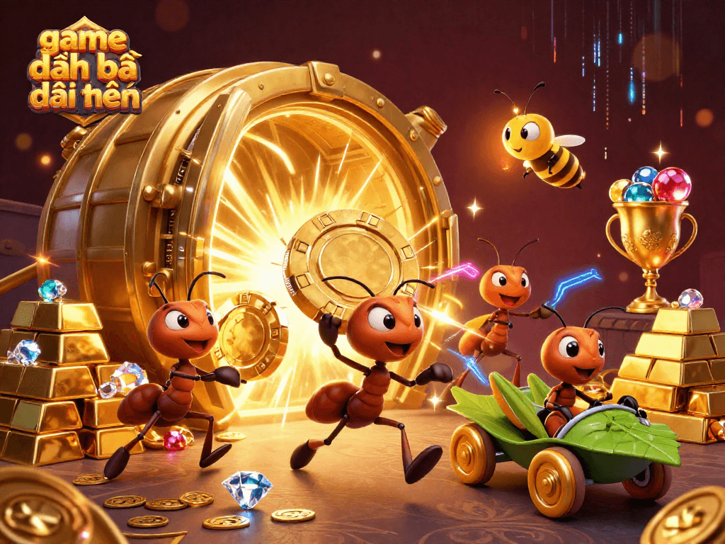 Engage in thrilling game đánh bài đổi thưởng with a dynamic heist scene featuring ants, gems, and a poker chip.