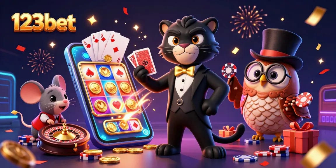 Engage with 123bet in this lively casino scene featuring a tuxedoed panther, owl, and mouse amidst vibrant game elements.