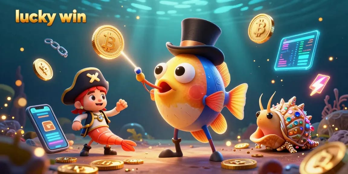 Experience the lucky win with vibrant 3D casino characters attracting coins amidst glowing crypto elements.