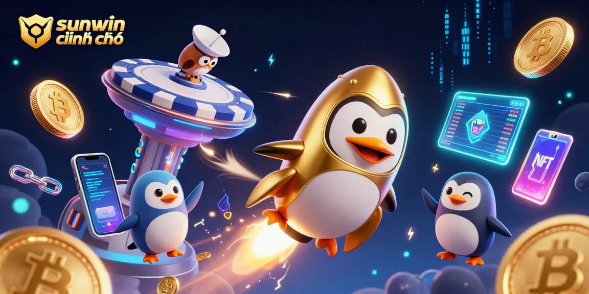 Experience sunwin chính chủ through exciting gameplay with a cosmic penguin and glowing crypto elements.
