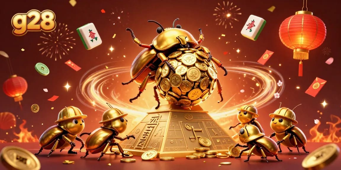 Experience g28's vibrant casino scene with golden beetles and festive elements in 3D.