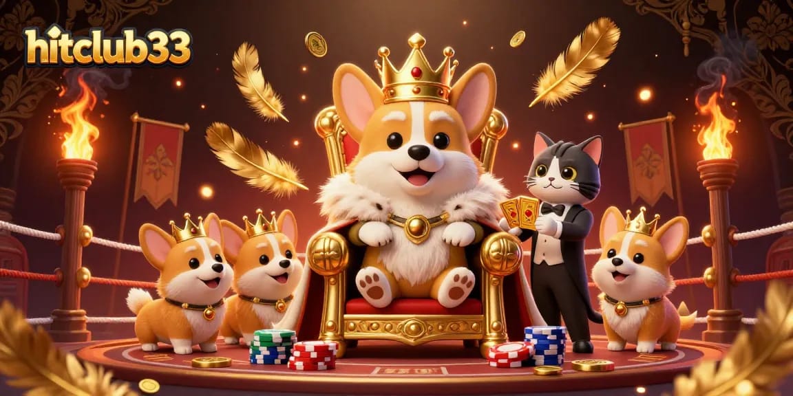 Hitclub33 showcases a regal corgi and its companions in a vibrant casino scene with dynamic elements.