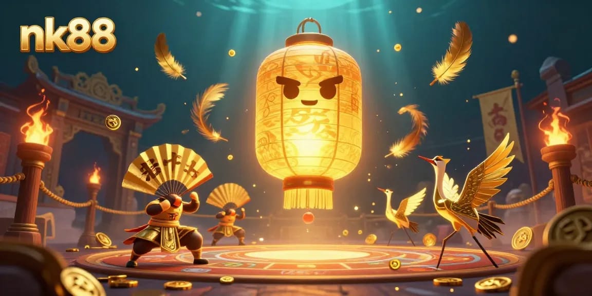 Experience thrilling gameplay at nk88 with a golden lantern spirit surrounded by spectacular gaming elements in a vibrant casino.