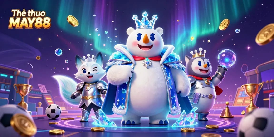 Engage in Thể thao MAY88 sports betting excitement with illustrated 3D characters and casino elements.