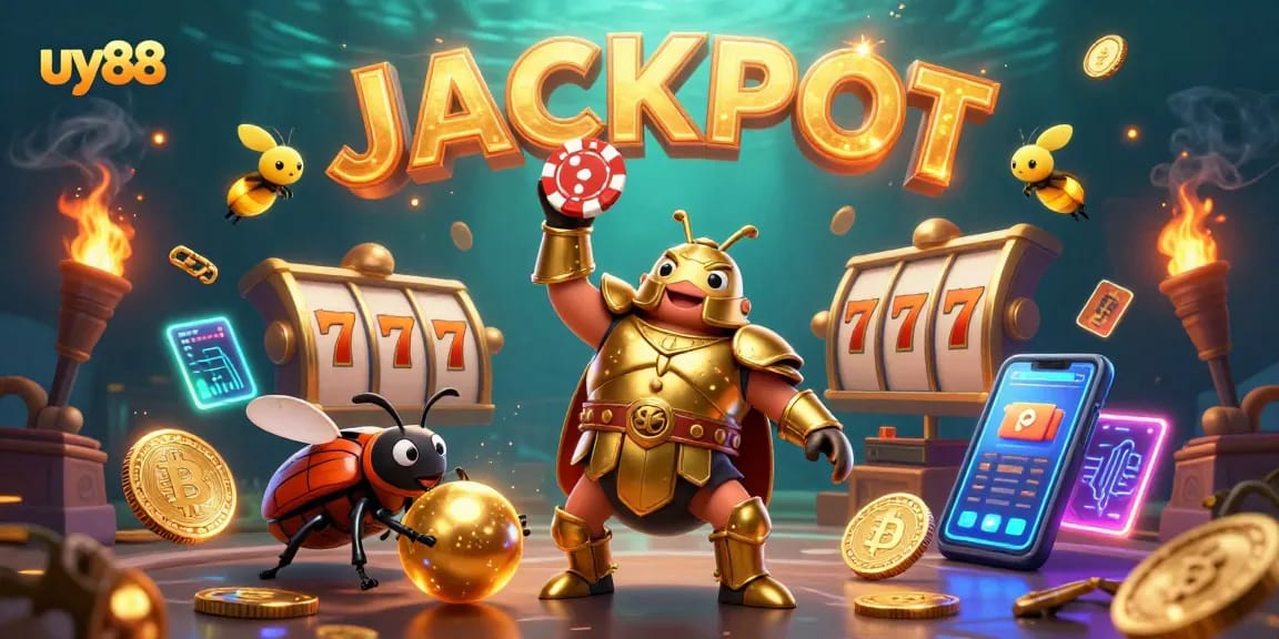 Experience the thrill of uy88 with a victorious beetle lifting a poker chip amidst vibrant casino elements.