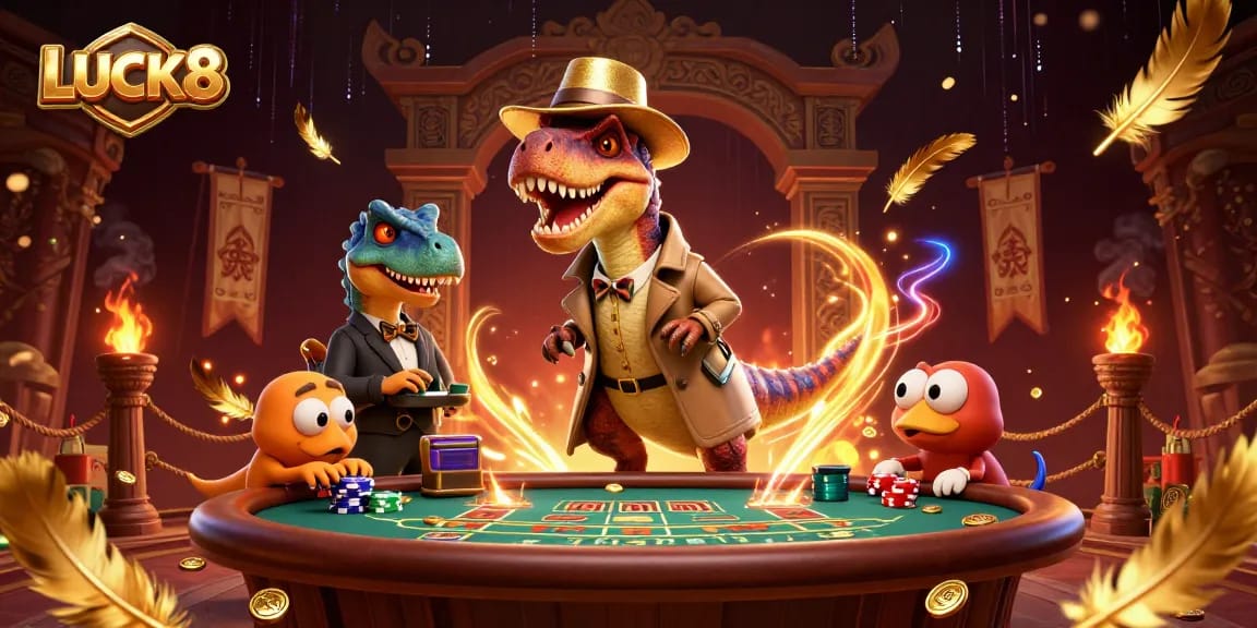 LUCK8 showcases a velociraptor card counter at a blackjack table, surrounded by casino elements.
