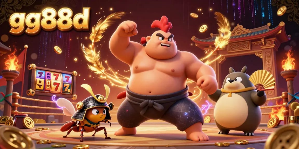 Experience thrilling wins at gg88d with a dynamic scene of a powerful sumo wrestler, a fierce cricket, and an announcer amidst casino elements and vibrant effects.