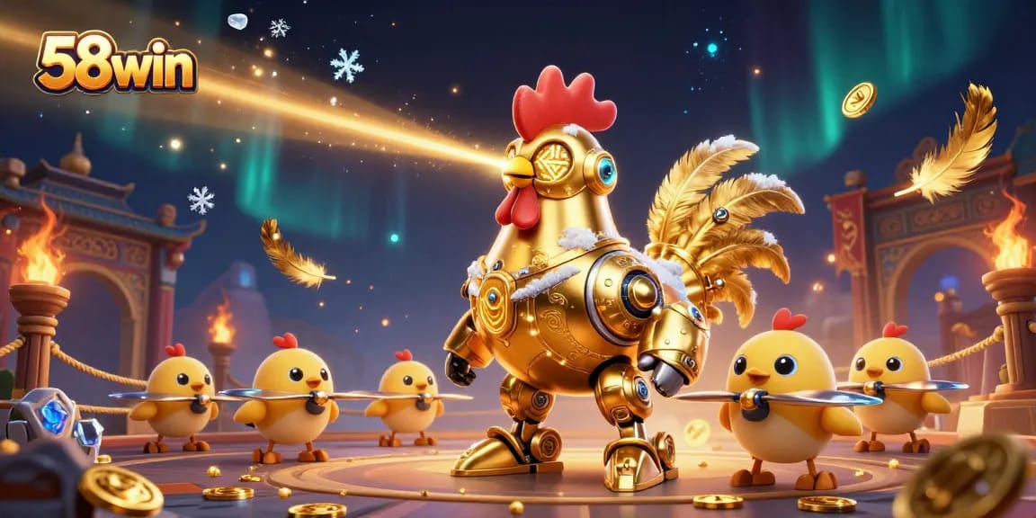 Engage in thrilling betting action with 58win, featuring dynamic golden rooster robot and vibrant casino elements.
