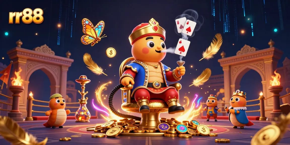 Experience the vibrant gaming world of rr88 with bustling casino elements and dynamic characters.