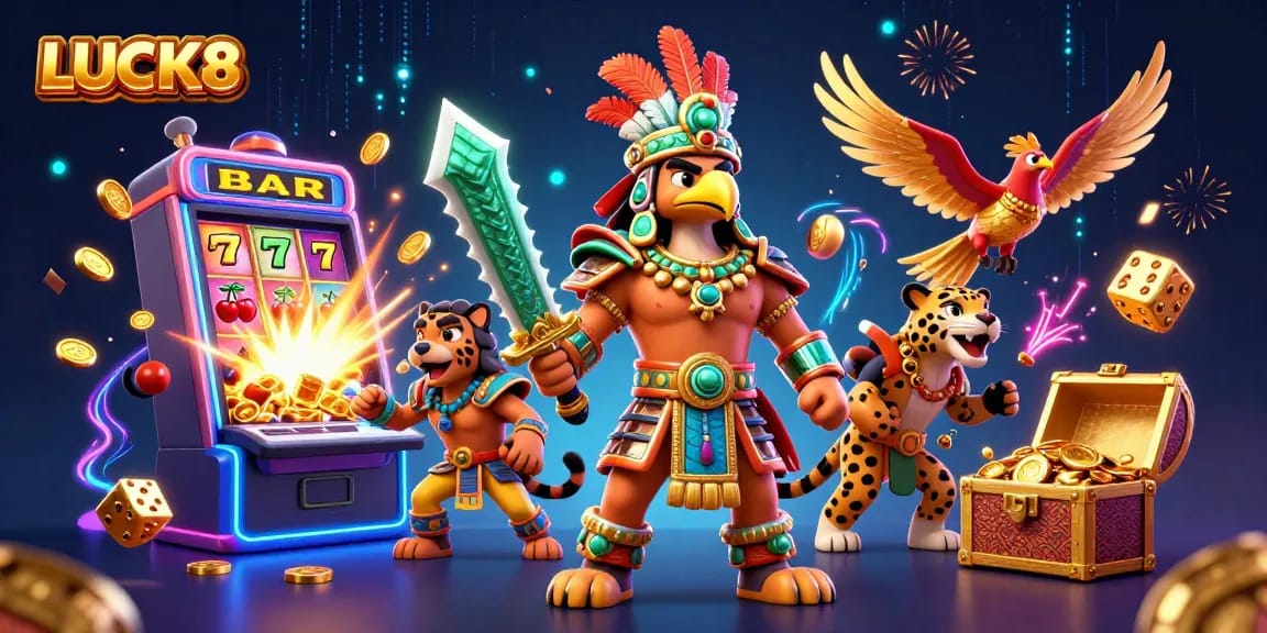 LUCK8 showcases a vibrant casino scene with warriors and dynamic game elements, ideal for online gambling excitement.