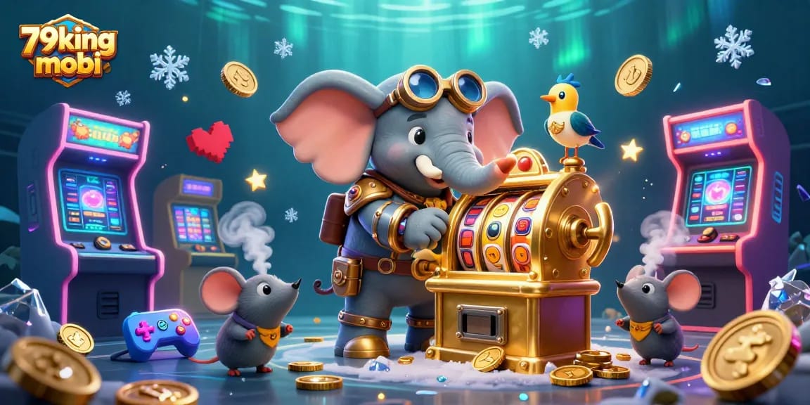 Spin the reels at 79king mobi with an elephant engineer and steampunk elements in a vibrant casino scene.