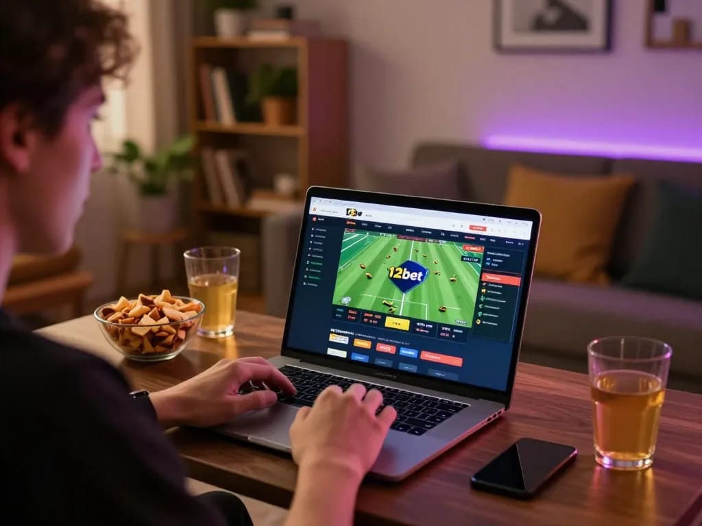 Người chơi tương tác với giao diện cá cược thể thao trực tuyến 12bet trên máy tính xách tay trong một không gian ấm cúng tại nhà