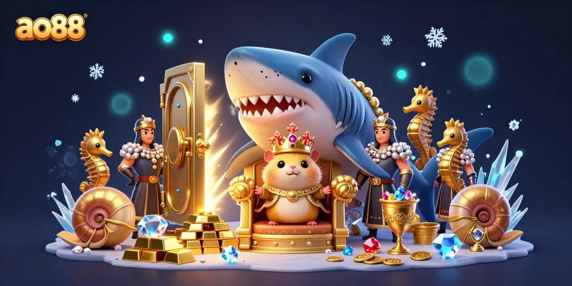 Join the exciting action at ao88 with the golden hamster king and savory treasures in a dynamic gambling scene.