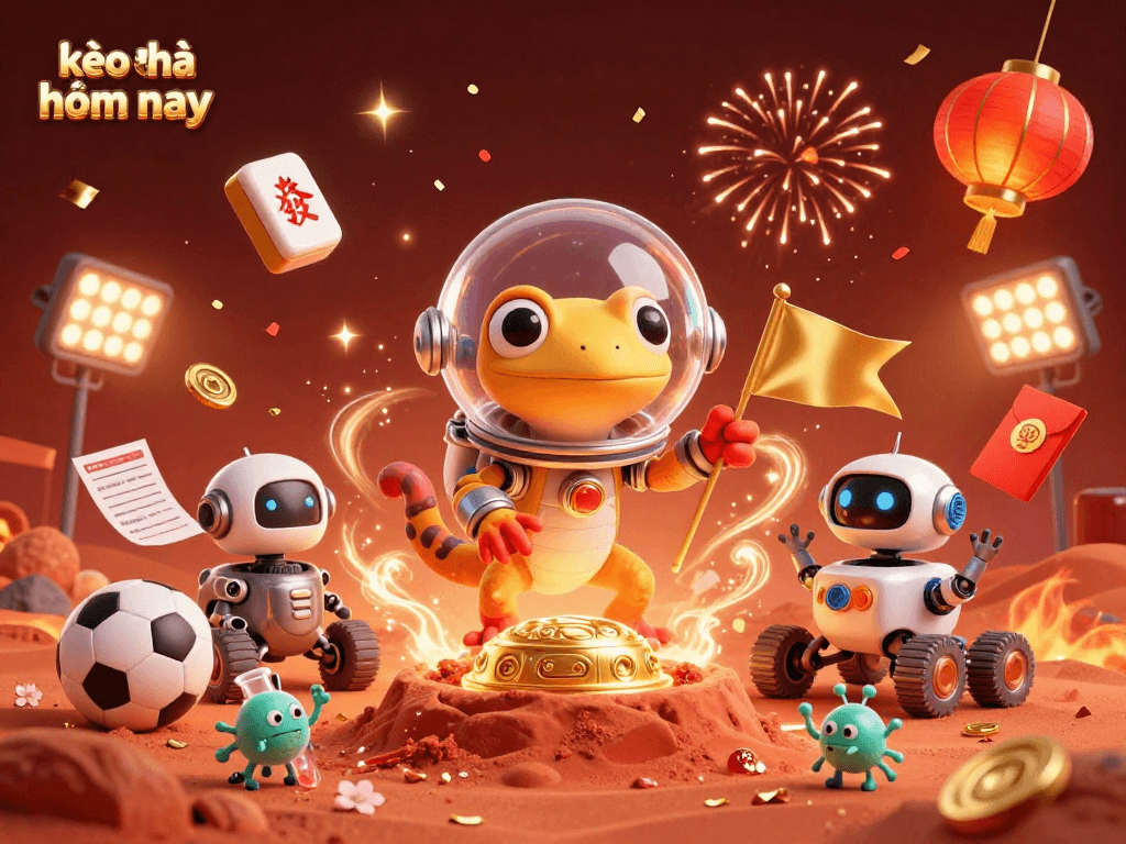 Bet on kèo nhà cái hôm nay with vibrant Martian gecko, sports elements, and dynamic casino visuals.