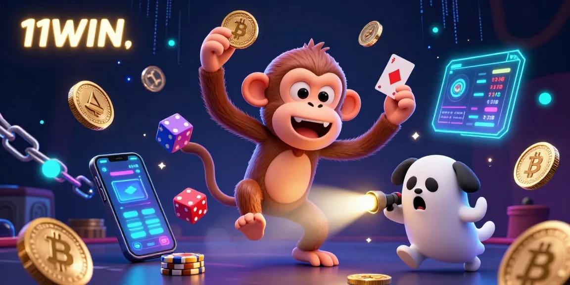 Engage with 11WIN's vibrant haunted casino scene featuring a mischievous monkey and a curious puppy.