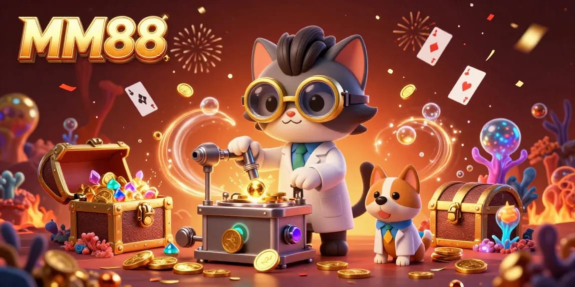 Experience MM88's vibrant gaming world with a lively scientist cat and loyal dog amidst treasure and casino elements.