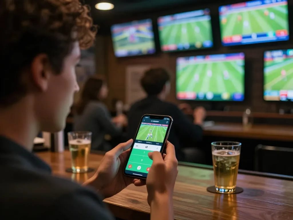 Engaging in luongson live betting on a smartphone while enjoying a lively sports bar atmosphere.