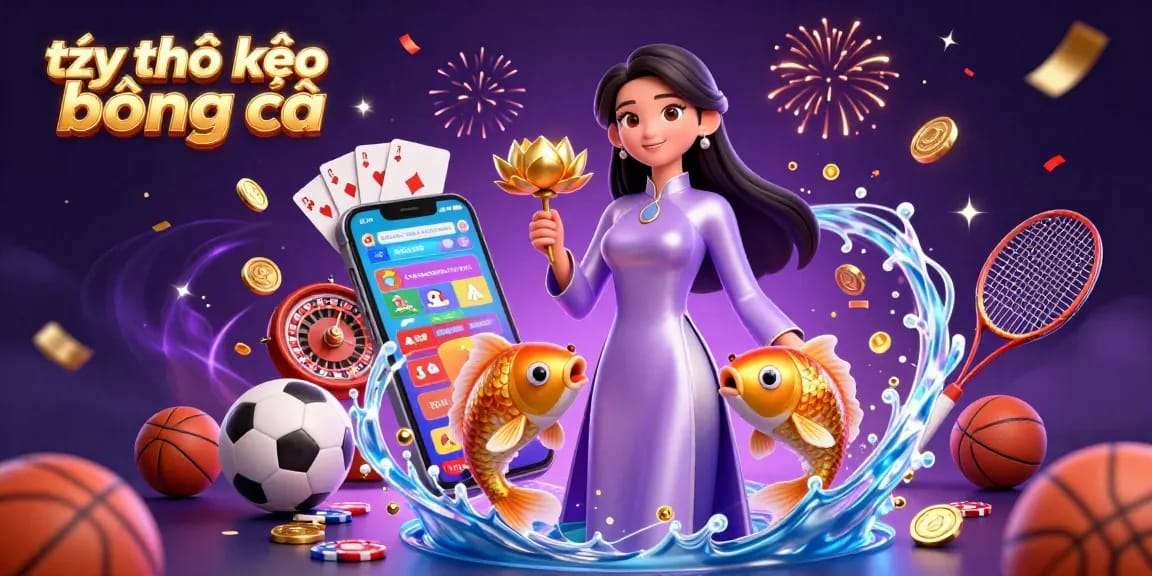 Bet and enjoy tỷ lệ kèo bóng đá in a vibrant 3D illustration featuring Asian woman holding golden lotus.