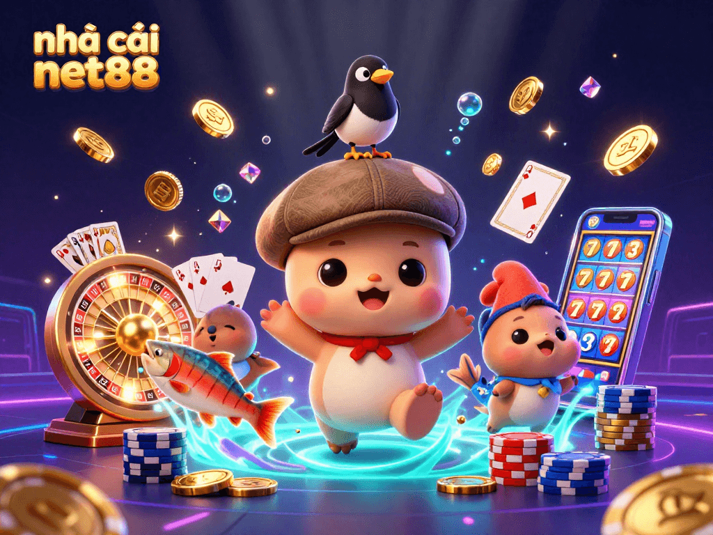 Experience the fun at nhà cái net88 with vibrant gaming elements and characters in a dynamic casino scene.