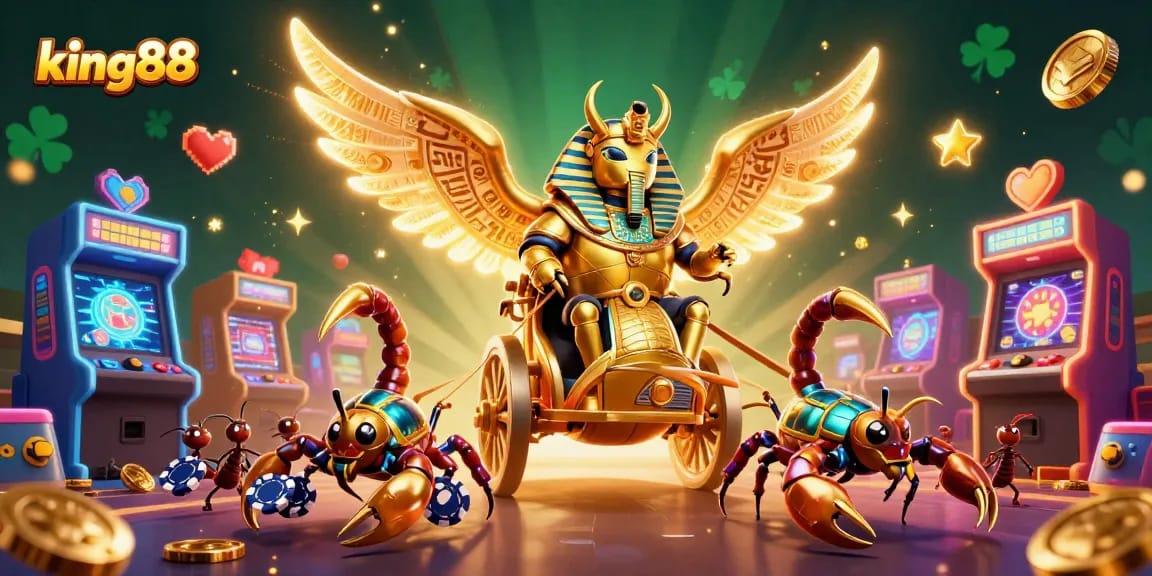 Experience king88 excitement with a dynamic scene of a colossal scarab beetle and scorpions in a casino game setting.