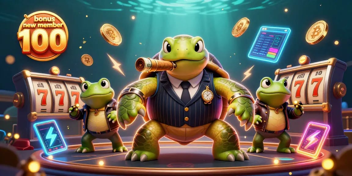 Menangkan bonus new member 100 dengan karakter kartun kasino yang menarik dan slot reels mengelilingi mereka.