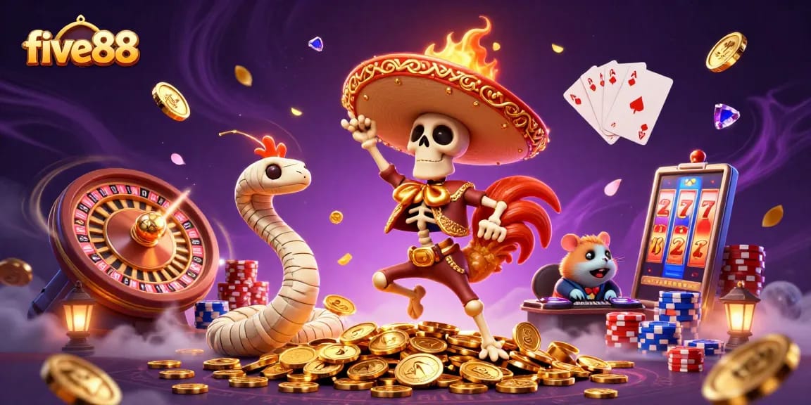 Experience excitement at five88 with festive characters dancing over gold coins in a vibrant casino scene.