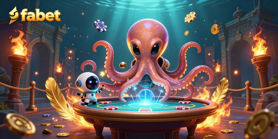 Engage in thrilling fabet action with an alien octopus at a vibrant poker table.