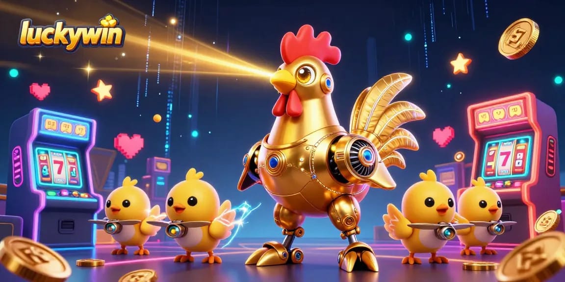 Join the fun at luckywin with a dynamic scene featuring a golden rooster robot amidst vibrant gaming elements!