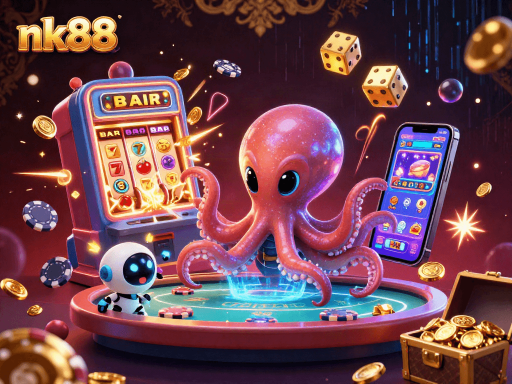 nk88 casino excitement featuring alien octopus at a holographic poker table amidst captivating slot actions.
