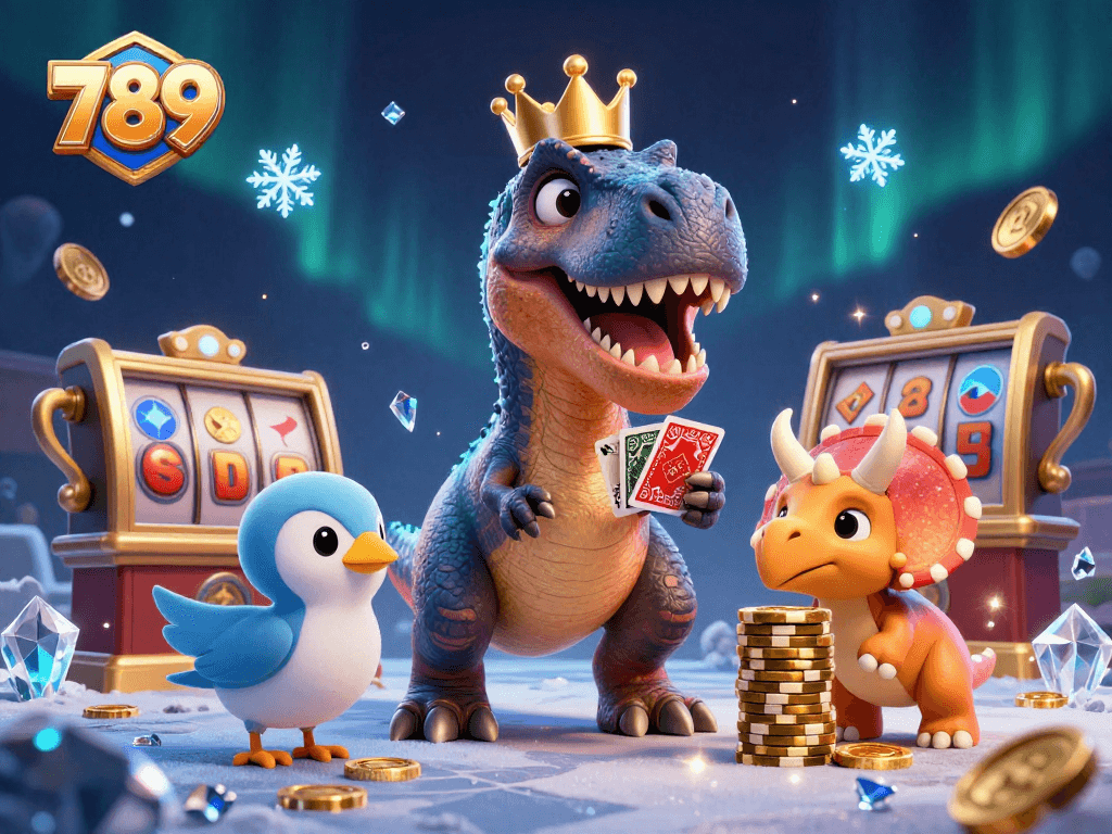 789 casino characters playfully engaging in card games and stacking chips, capturing the excitement of gaming.