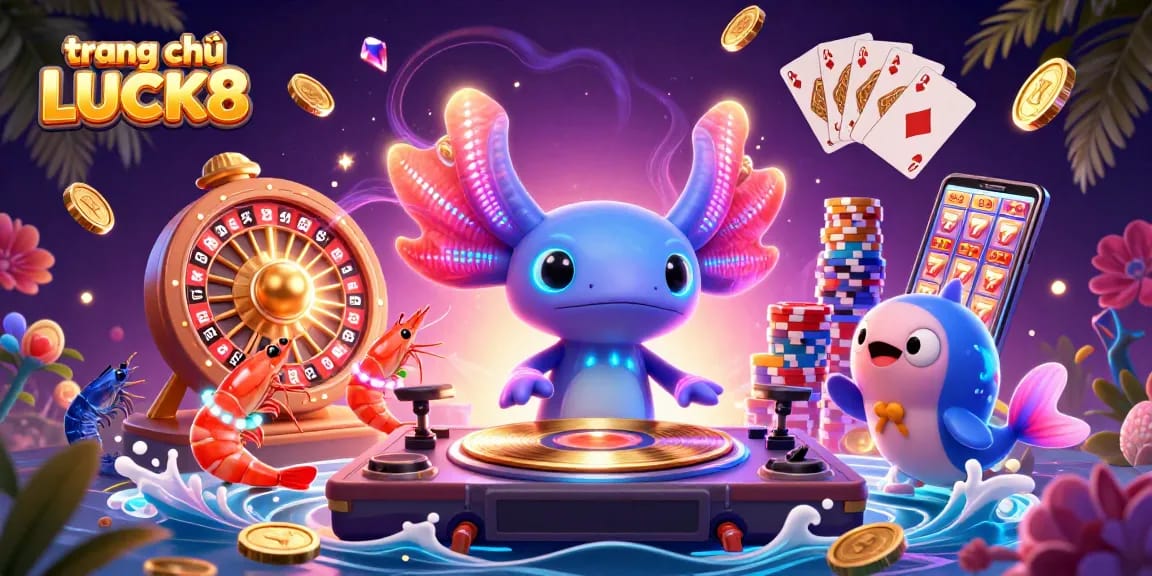 Cascading golden coins and colorful poker chips surround the vivid scene of trang chủ LUCK8's neon axolotl DJ.
