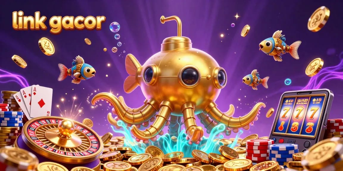 Experience thrilling wins with link gacor amidst cascading coins and a vibrant underwater casino scene.