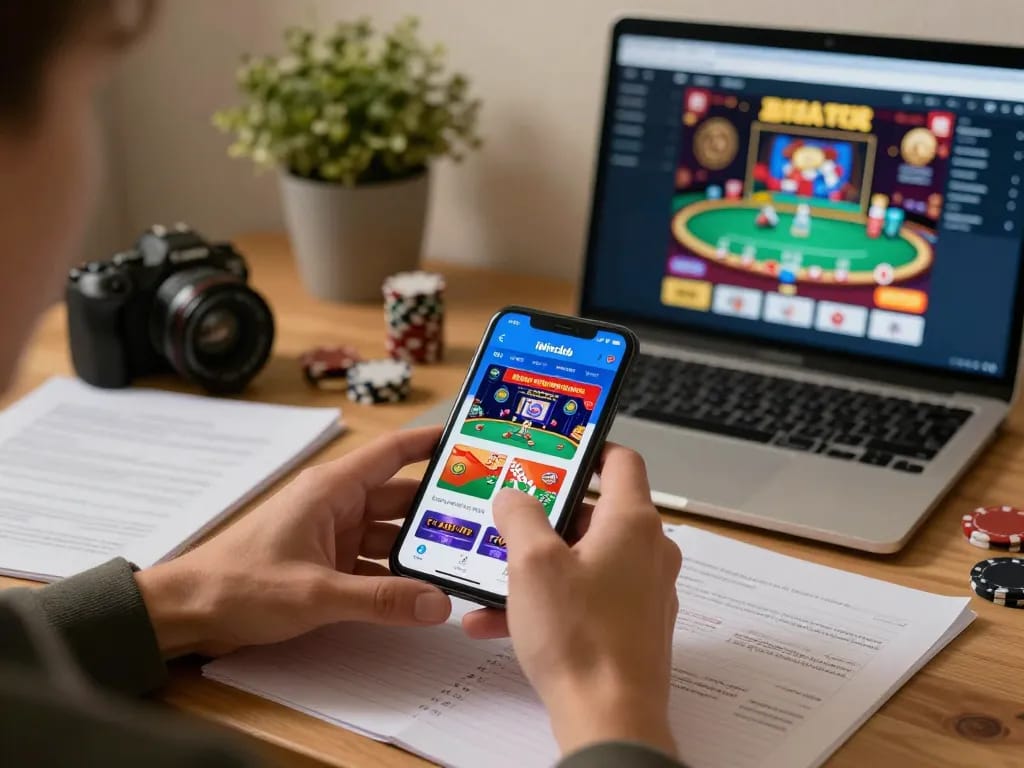 Engaging with the iwinclub mobile app for poker, surrounded by strategy notes.